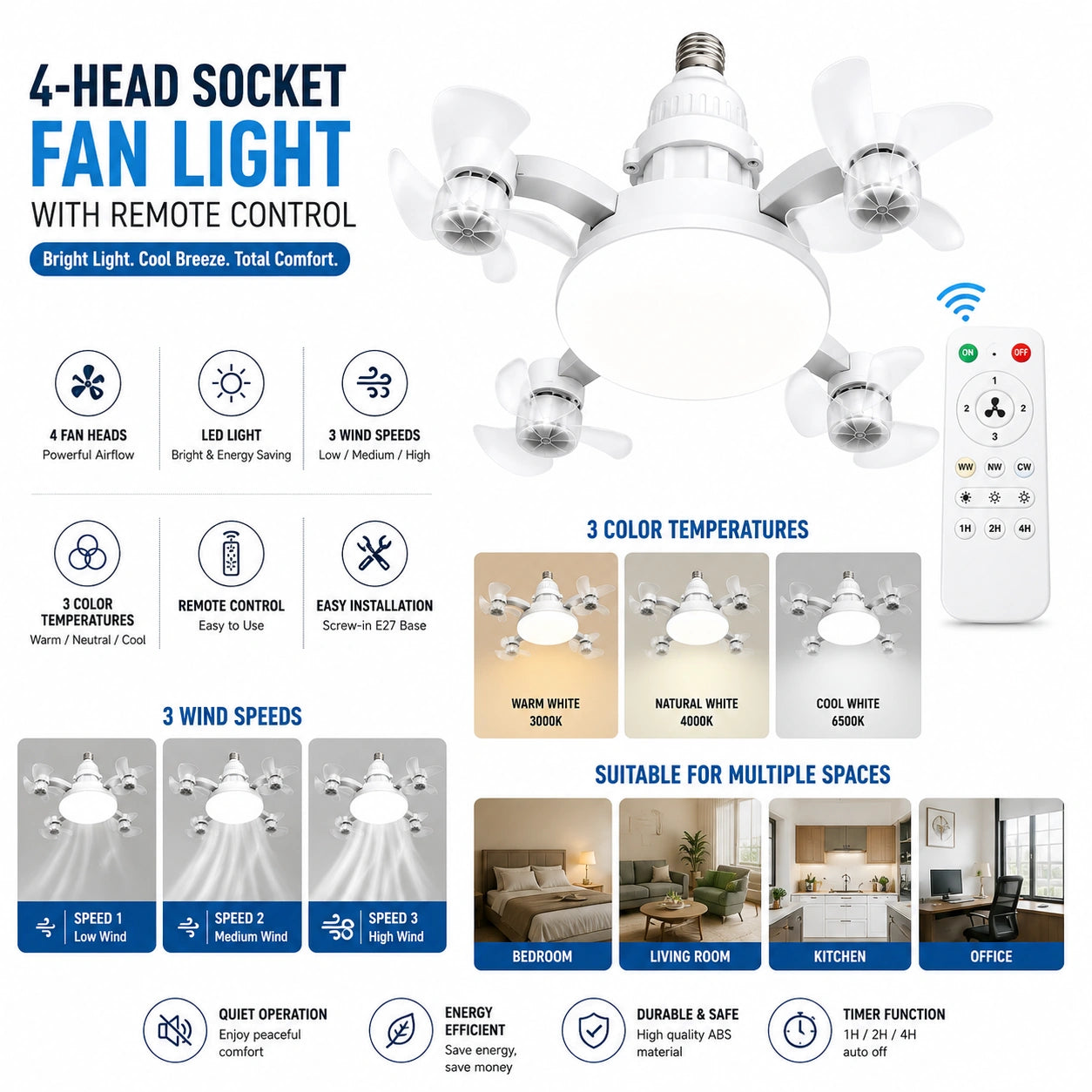 4-Head Socket Fan Light