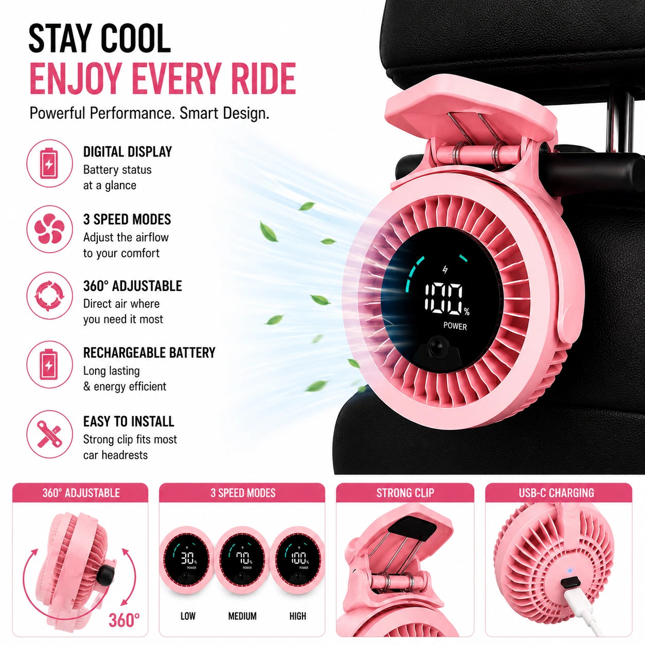 Portable Rechargeable Car Headrest Fan with Digital Display