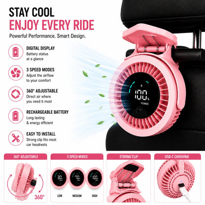 Portable Rechargeable Car Headrest Fan with Digital Display